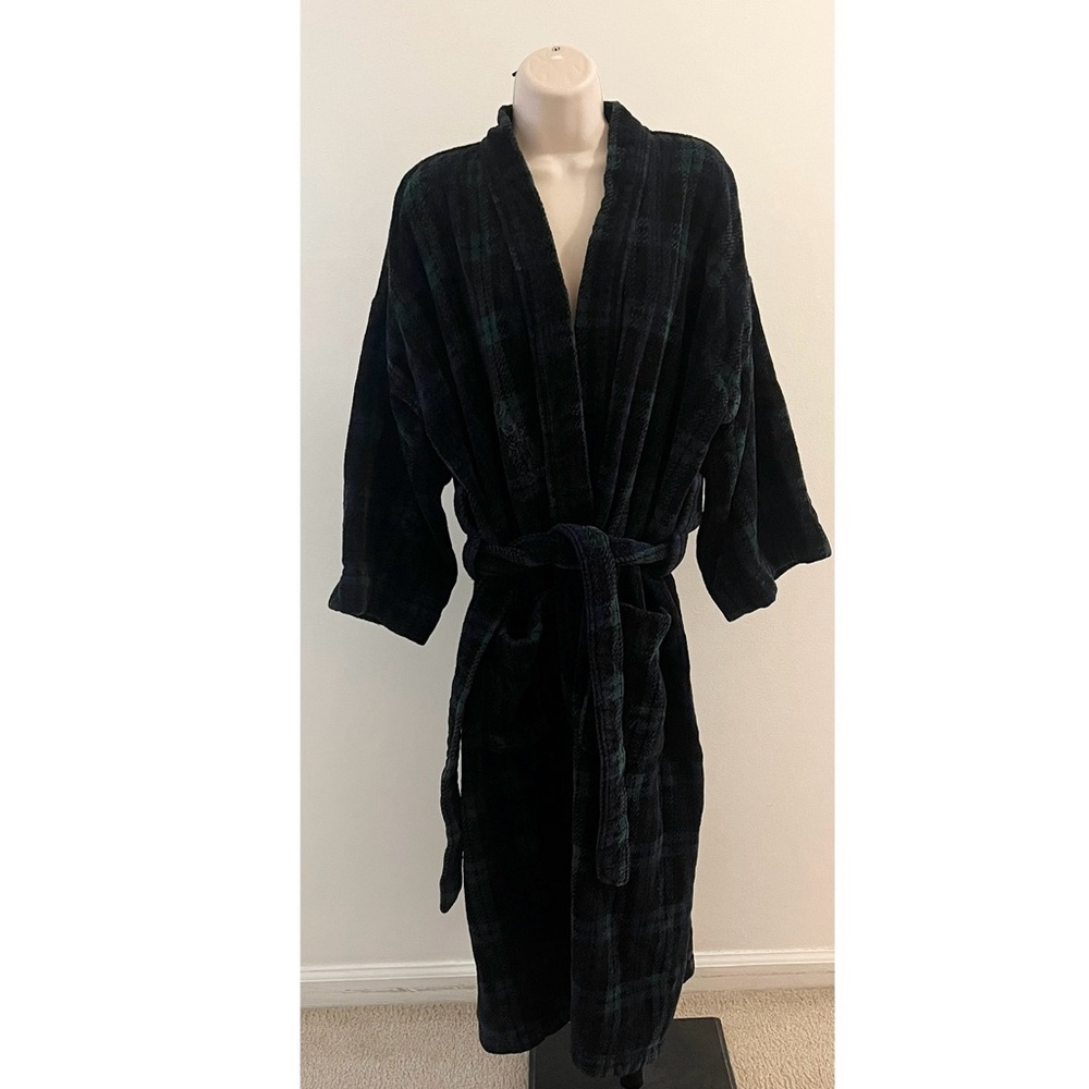 Vintage Christian Dior Pyjama‎ Cotton Robe Plaid Green Blue One Size Terry Robe